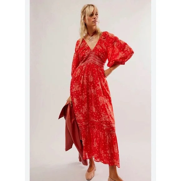 Free People Golden Hour Maxi Dress tiered Cotton Boho Cottagecore Romantic L